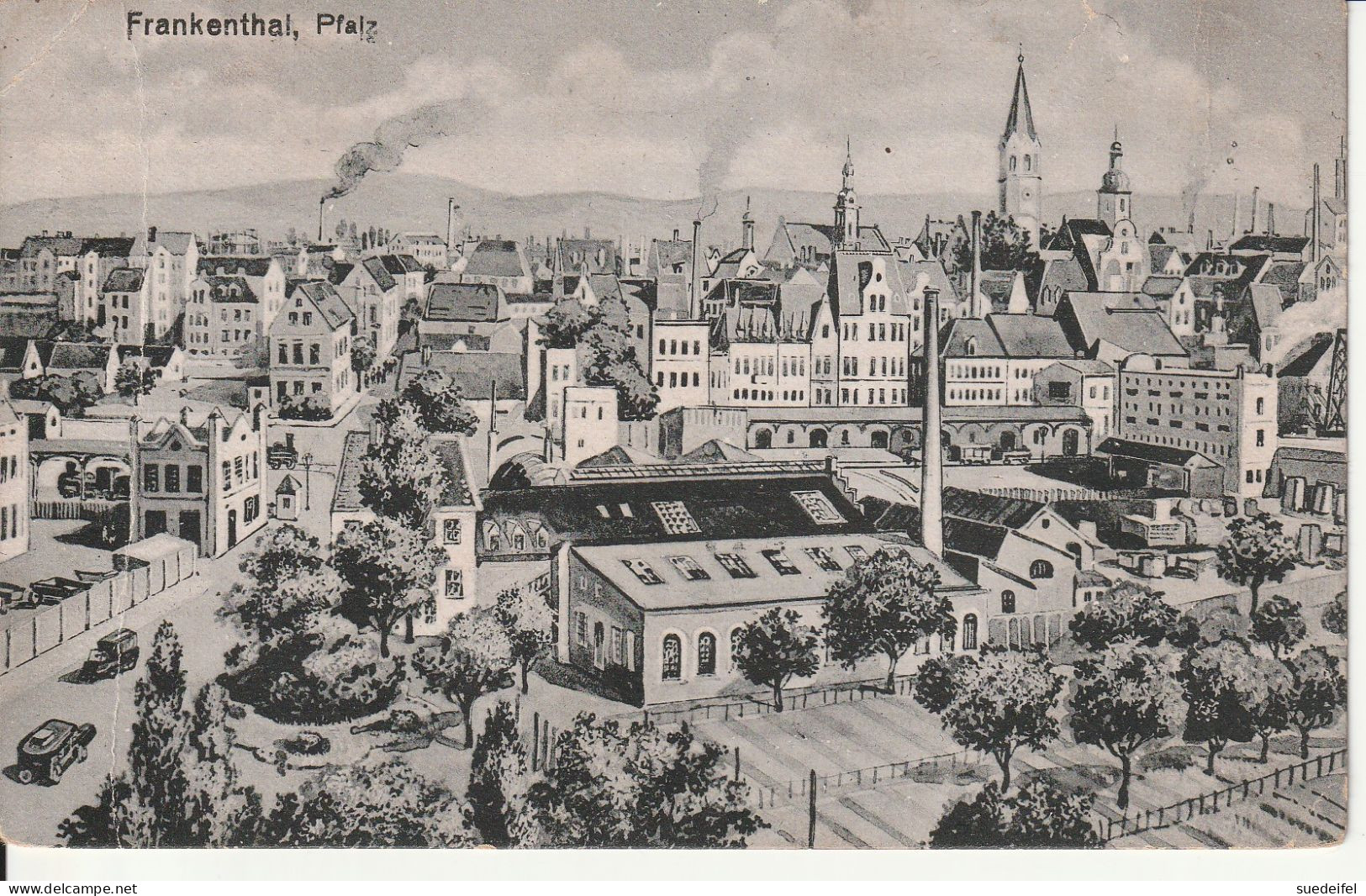 Frankenthal, Total, 2 Kirchen, Vorne Fabrik, Nicht Zuckerfabrik  Vermutl. 1920 - Frankenthal