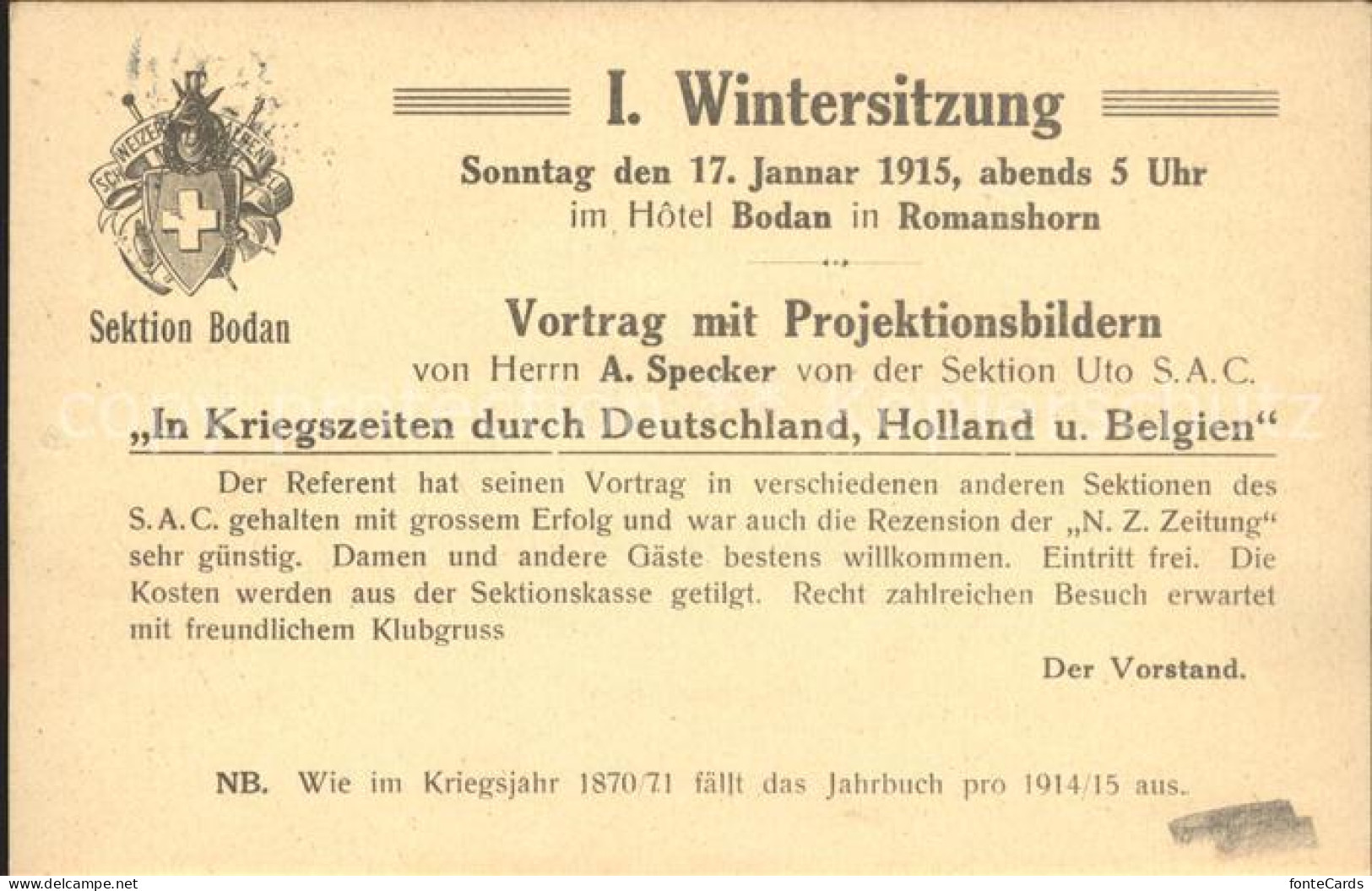 11853173 Kreuzlingen TG Sektion Bodan Erste Wintersitzung 1915  Einladung Kreuzl - Autres & Non Classés