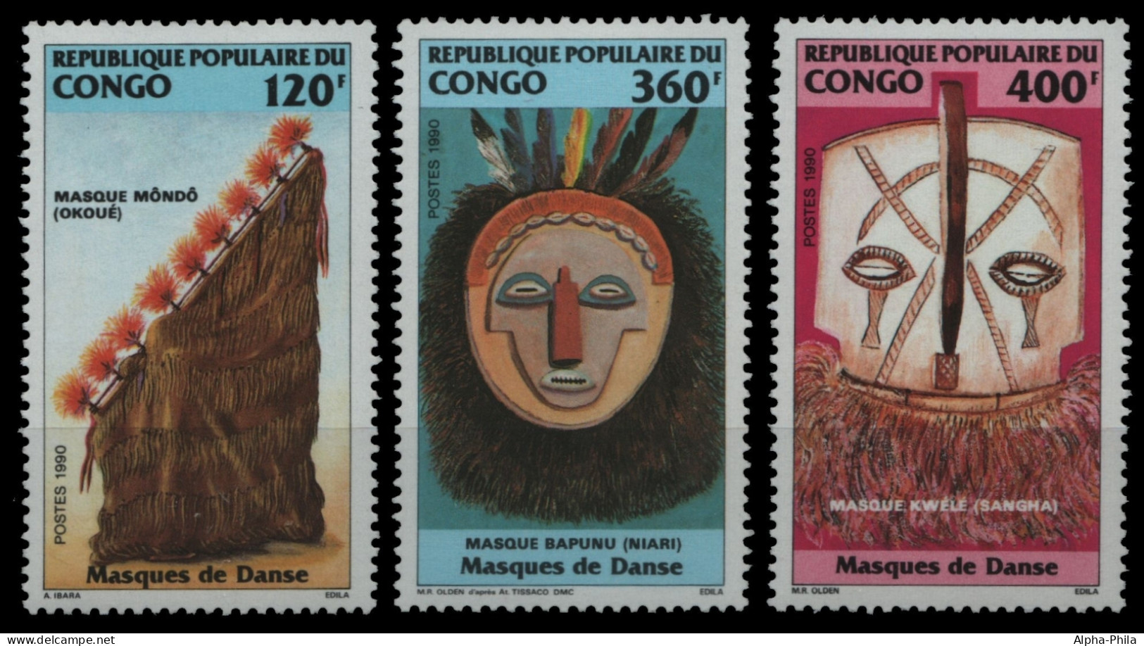 Kongo-Brazzaville 1990 - Mi-Nr. 1194-1196 ** - MNH - Masken / Masks - Mint/hinged