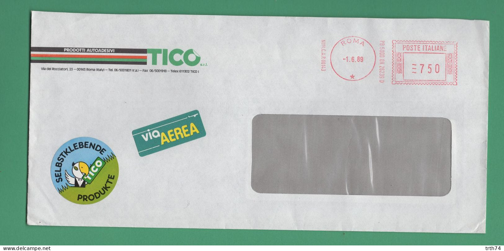 Italie Oblitération Rouge Mécanique Sur Enveloppe Autocollant Tico Perroquet Via Aéra 1 Juin 1989 - Franking Machines (EMA)