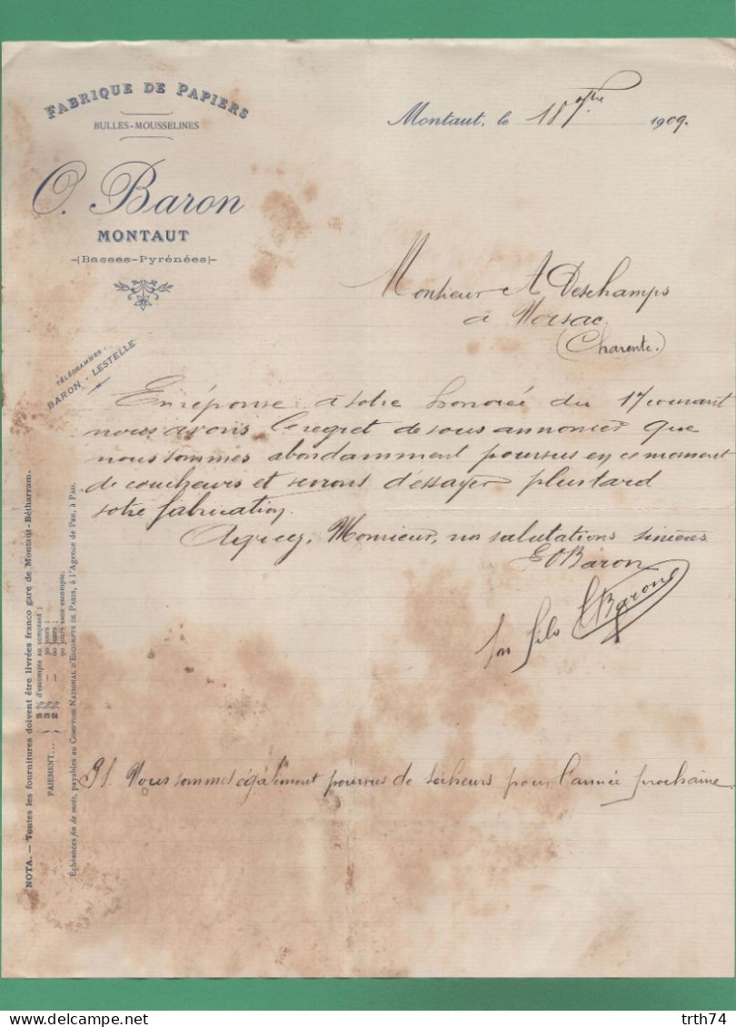 64 Montaut Baron Fabrique De Papier Bulles Mousselines 1909 - Drukkerij & Papieren