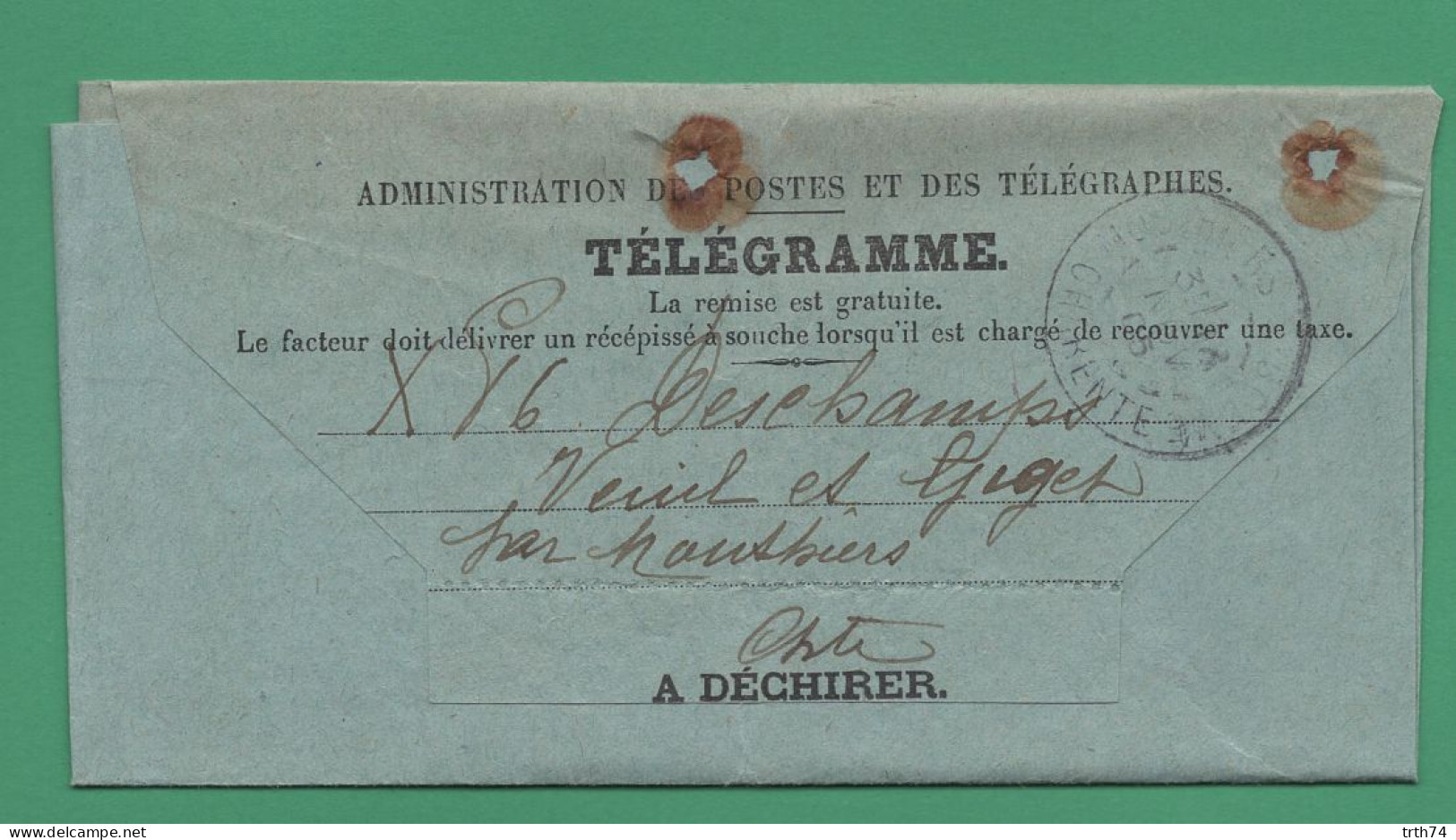 16 Mouthiers-sur-Boëme Télégramme Cachet De La Poste Mouthiers-sur-Boëme Le 8 Novembre 1905 - Matasellos Manuales