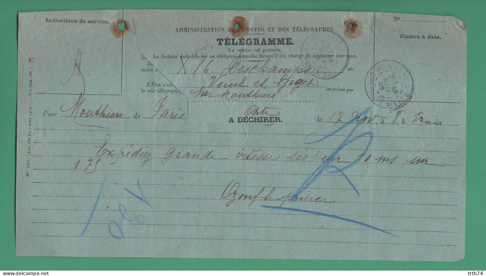 16 Mouthiers-sur-Boëme Télégramme Cachet De La Poste Mouthiers-sur-Boëme Le 8 Novembre 1905 - Matasellos Manuales