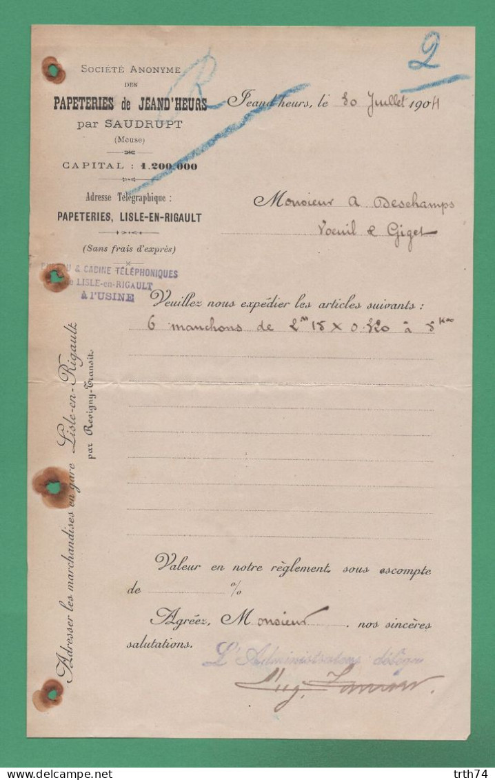 55 Jeand'Heurs Par Saudrupt ( Meuse ) Papeteries Lisle En Rigault Par Revigny 30 Juillet 1904 - Drukkerij & Papieren