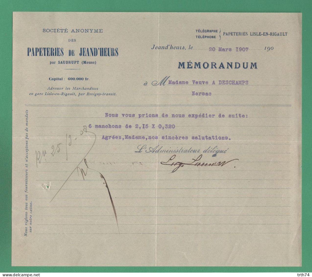 55 Jeand'Heurs Par Saudrupt ( Meuse ) Papeteries Lisle En Rigault Par Revigny 20 Mars 1907 - Printing & Stationeries