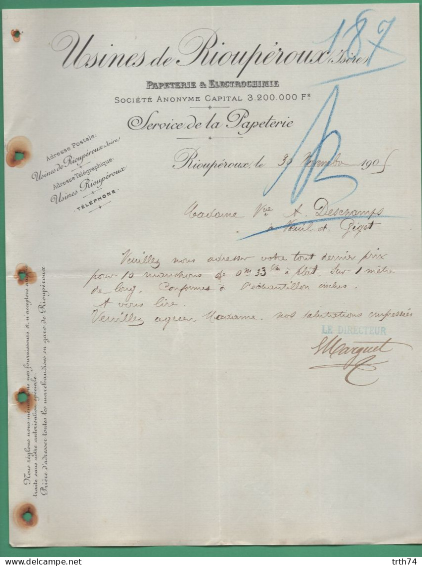 38 Rioupéroux Usines Papeterie Et Électrochimie Service De La Papeterie 30 11 1905 - Imprimerie & Papeterie