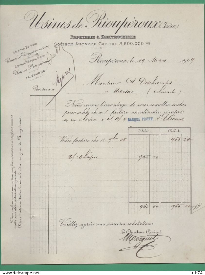 38 Rioupéroux Usines Papeterie Et Électrochimie 19 Mars 1909 - Drukkerij & Papieren