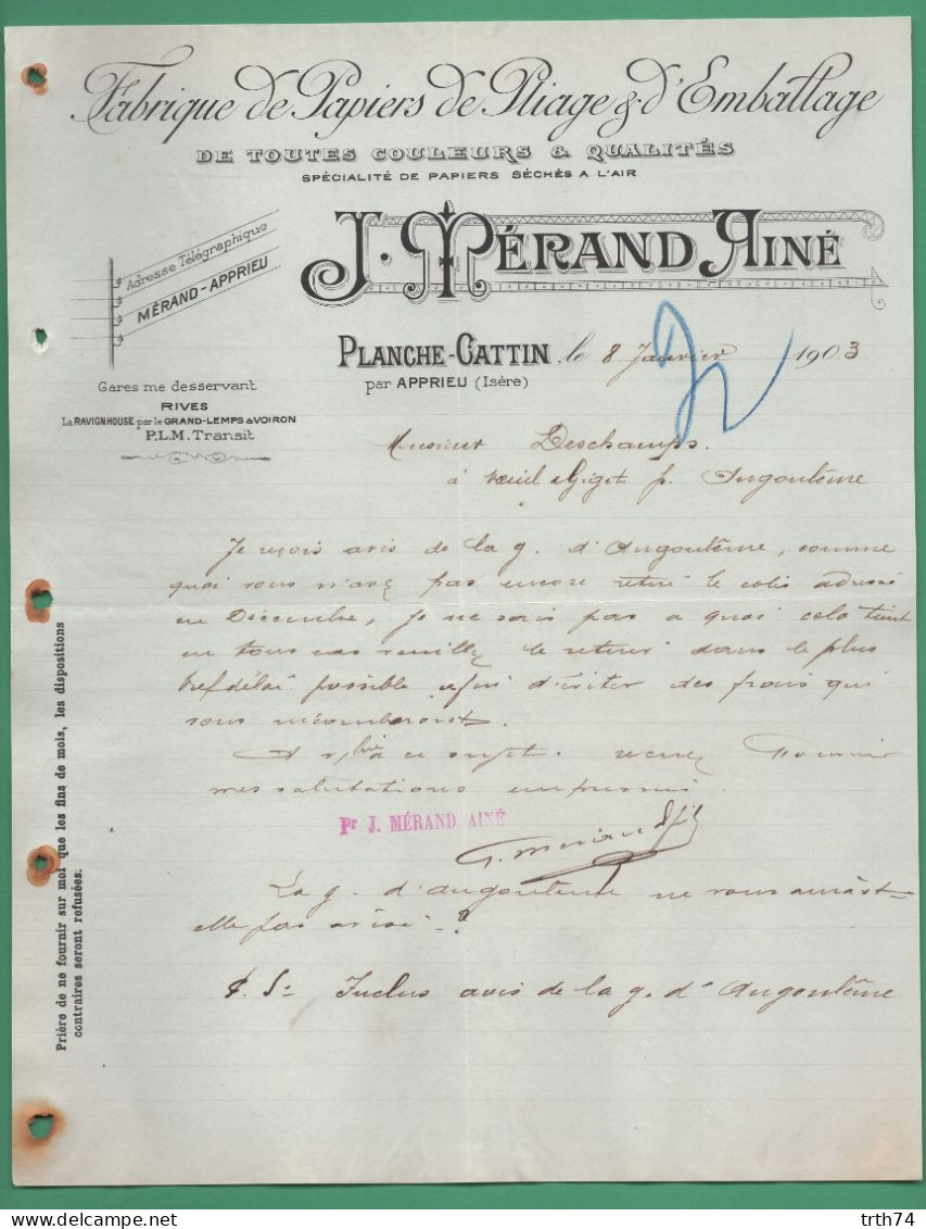 38 Planche Gattin Par Apprieu ( Isère ) Mérand J Fabrique De Papiers De Pliage Et D' Emballage 8 Janvier 1903 - Imprimerie & Papeterie
