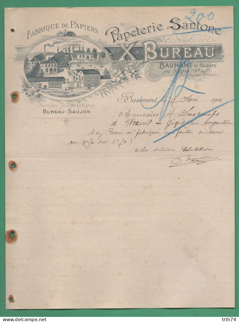 17 Baunant Sur Seudre Par Saujon Bureau Papeterie Santone Fabrique De Papiers ( Logo Usines Cheminées ) 1905 - Drukkerij & Papieren