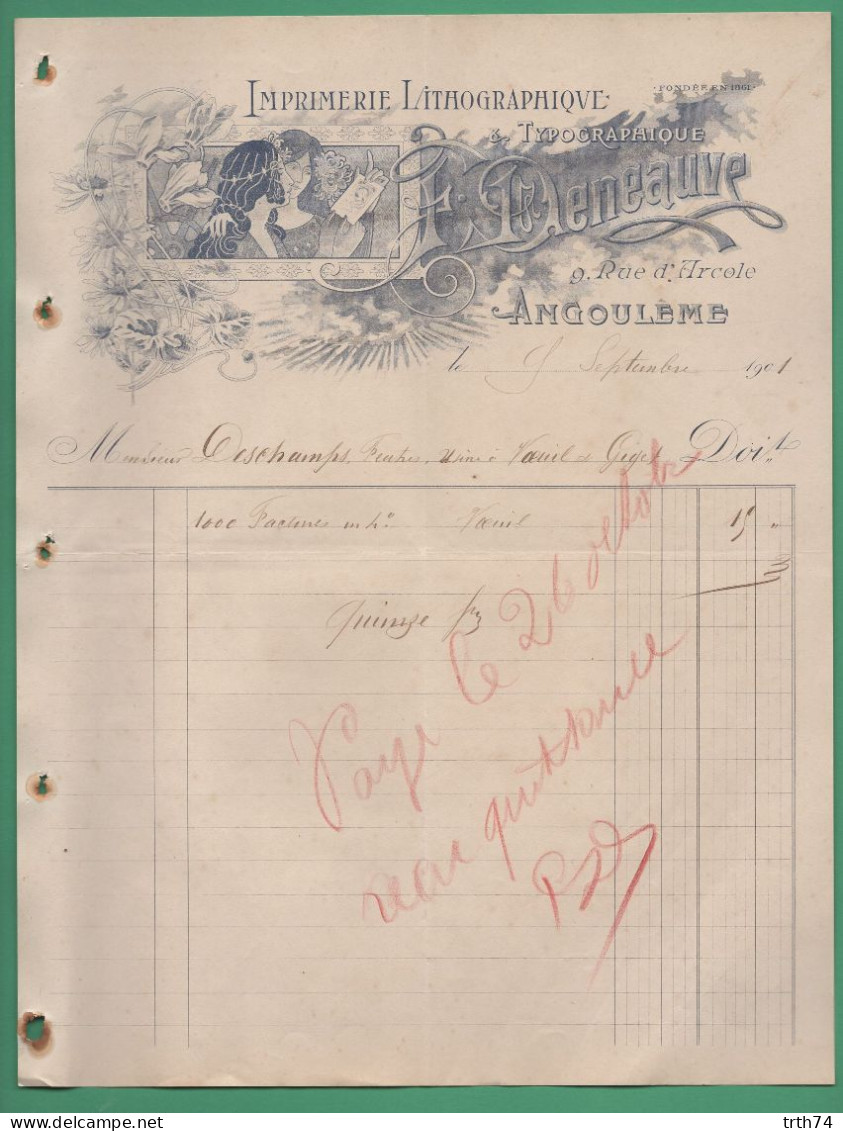 16 Angoulême Deneauve Imprimerie Lithographique ( Illustrée Art Nouveau Style Mucha ) 26 Octobre 1901 - Drukkerij & Papieren