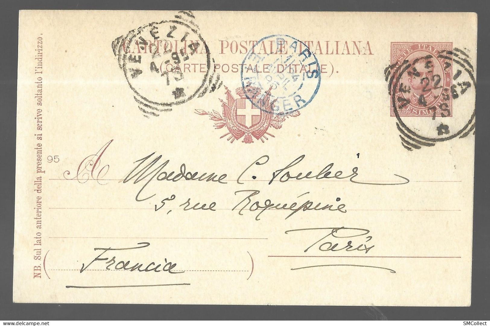 Italie. Entier Postal1895. Cachet à L'arrivée "Paris étranger" Bleu (13736) - Stamped Stationery