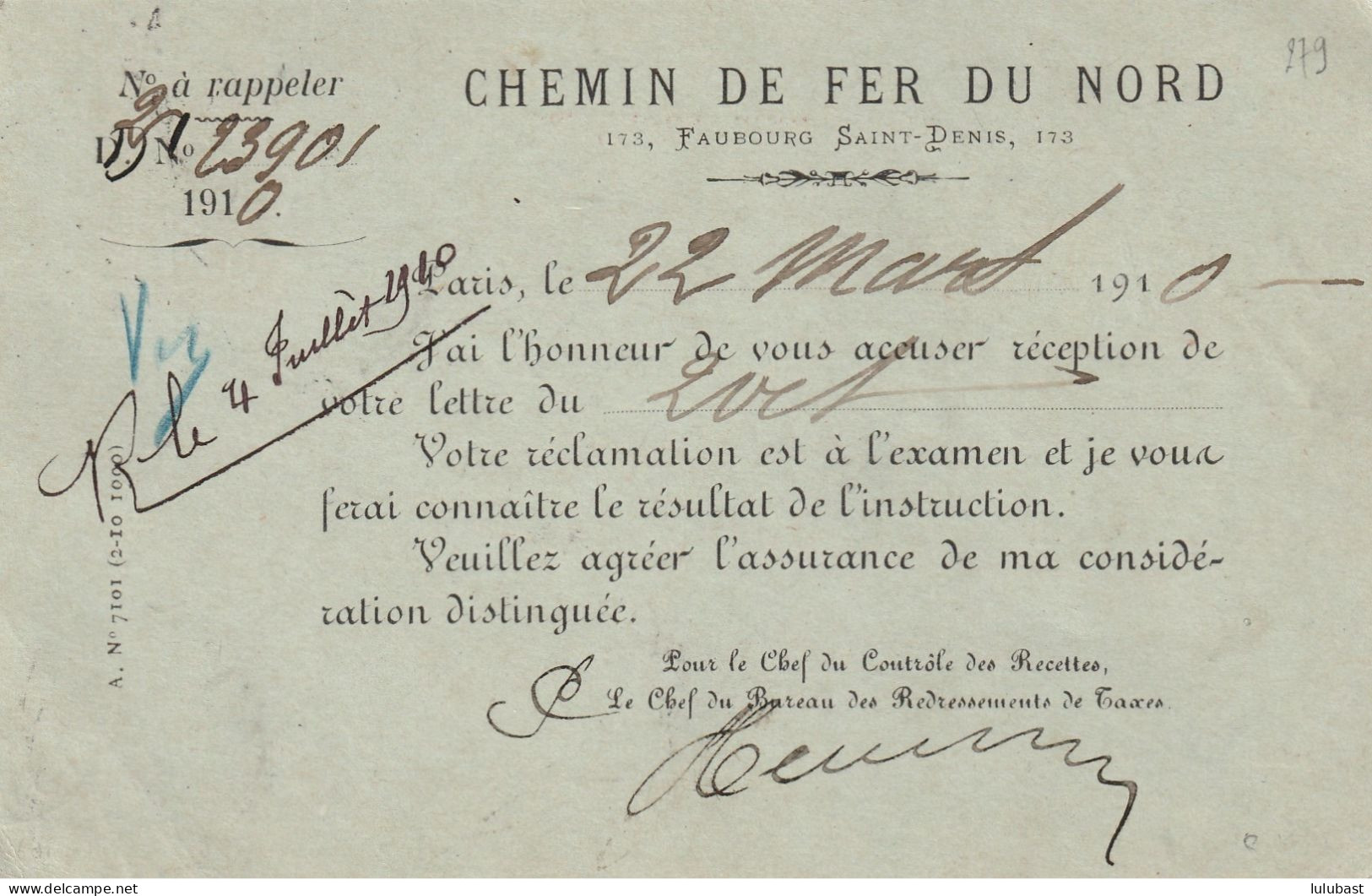 Entier SEMEUSE Repiquée Par Le "CHEMIN DE FER DU NORD" Pour Requête Suite à Un Envoi Taxé. - Overprinter Postcards (before 1995)