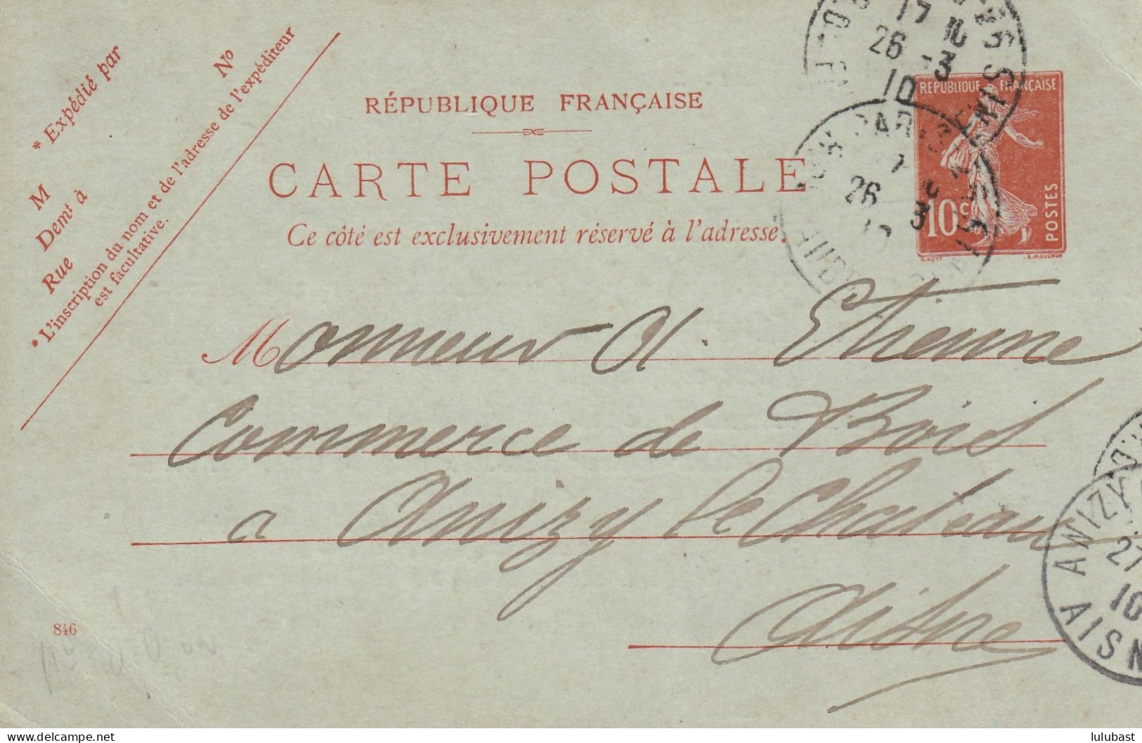 Entier SEMEUSE Repiquée Par Le "CHEMIN DE FER DU NORD" Pour Requête Suite à Un Envoi Taxé. - Bijgewerkte Postkaarten  (voor 1995)