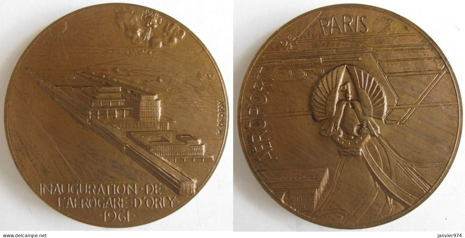 Medaille En Bronze Inauguration De L’Aéroport D’Orly 1961 Aéroport De Paris , Par Dropsy - Other & Unclassified