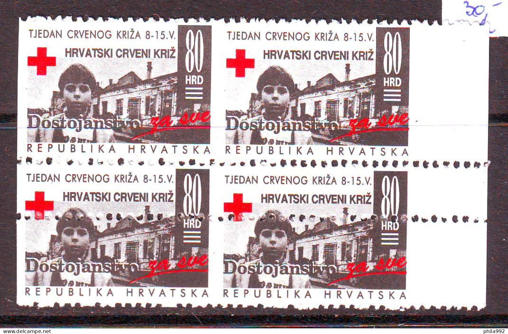 Croatia 1993 Charity Stamp Mi.No. 26 RED CROSS   Four With Double Toothing   MNH - Kroatien