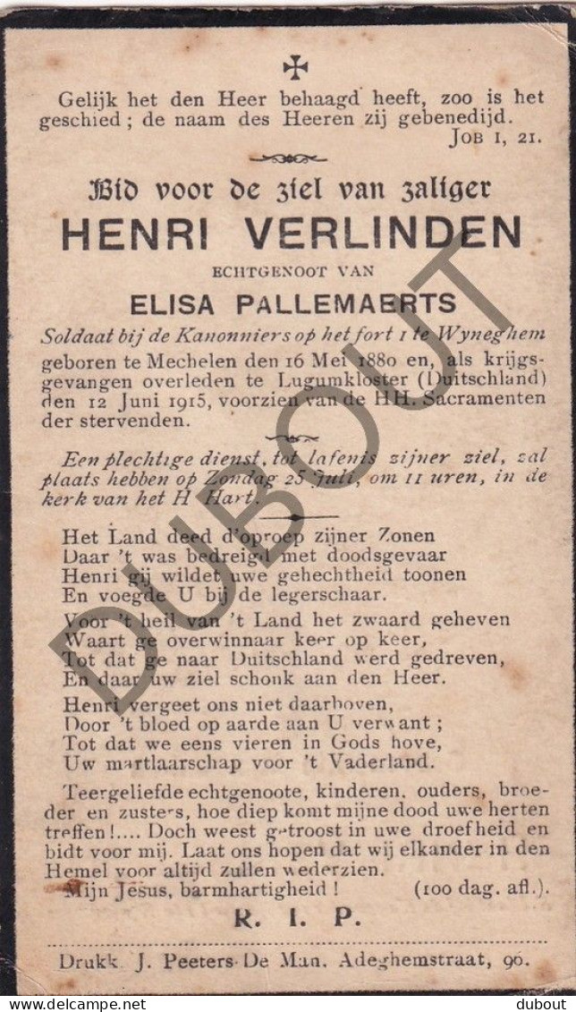 WOI - Soldaat Henri Verlinden, Kanonniers Wijnegem °Mechelen 1880 Krijgsgevangene, Overleden Duitsland 1915 (F566) - Obituary Notices