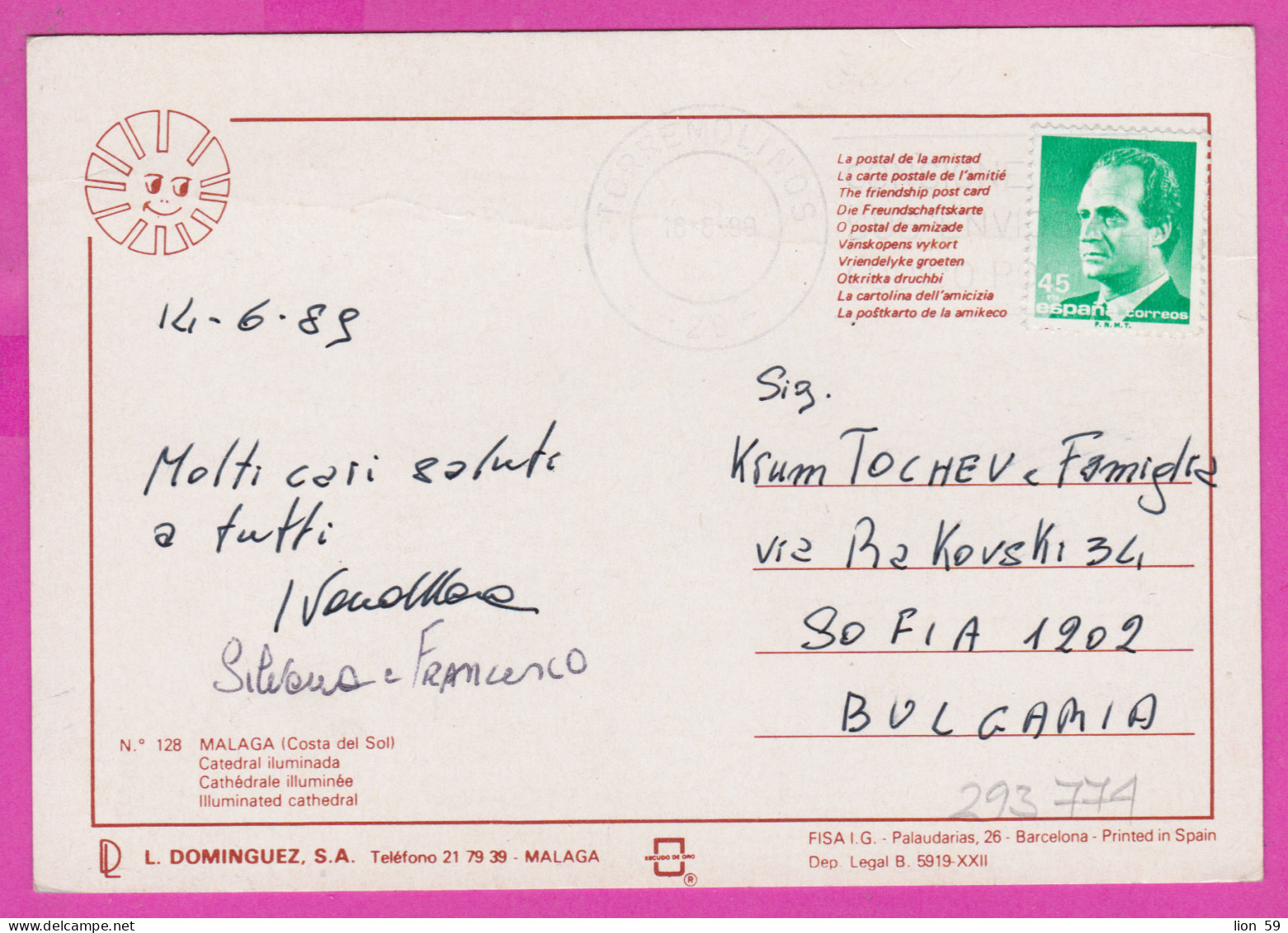 293774 / Spain - Malaga (Costa Del Sol) PC 1989 USED Torremolinos 45 Pta King Juan Carlos I Flamme ".. CÓDIGO POSTAL - Cartas & Documentos
