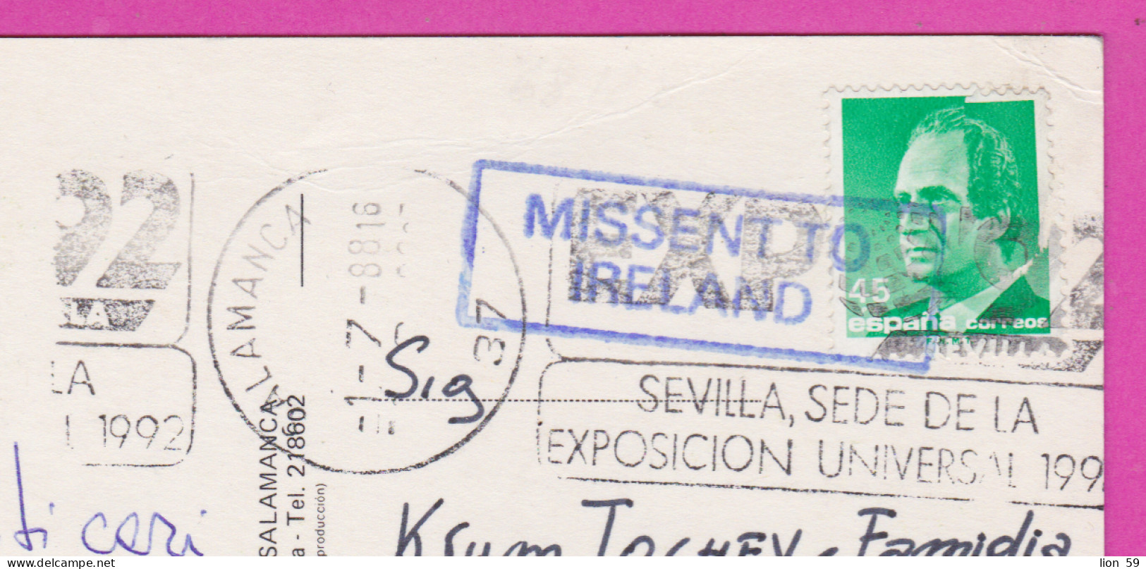 293775 / Spain - Salamanca PC 1988 USED 45 Pta King Juan Carlos I Seal "Missent To Ireland" Flamme EXPO 92 - Sevilla - Lettres & Documents