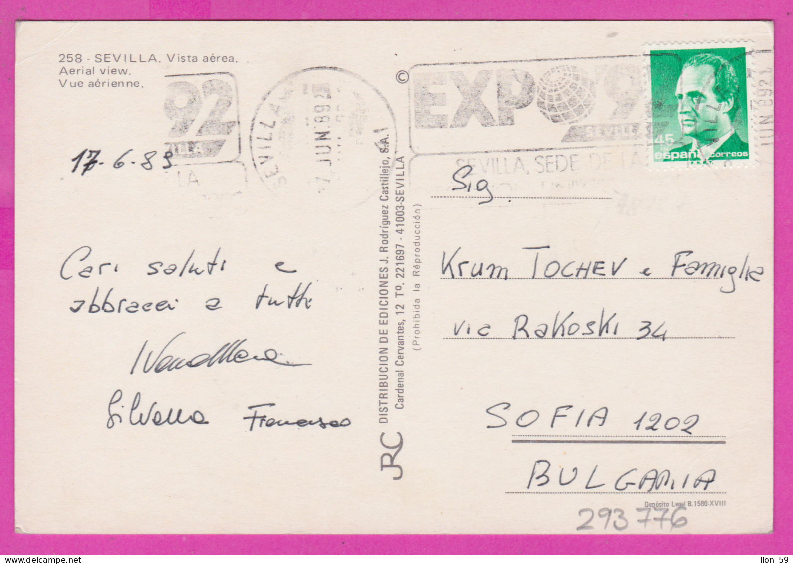 293776 / Spain - Sevilla Vista Aerea PC 1989 USED 45 Pta King Juan Carlos I , Flamme EXPO 92 - Sevilla Exp. Universal  - Covers & Documents