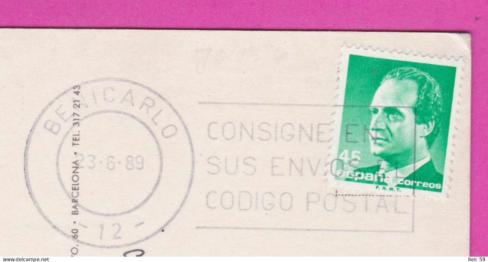 293777 / Spain - Costa Del Azahar Peñíscola PC 1989 USED Benicarlo 45 Pta King Juan Carlos I Flamme ".. CÓDIGO POSTAL - Briefe U. Dokumente