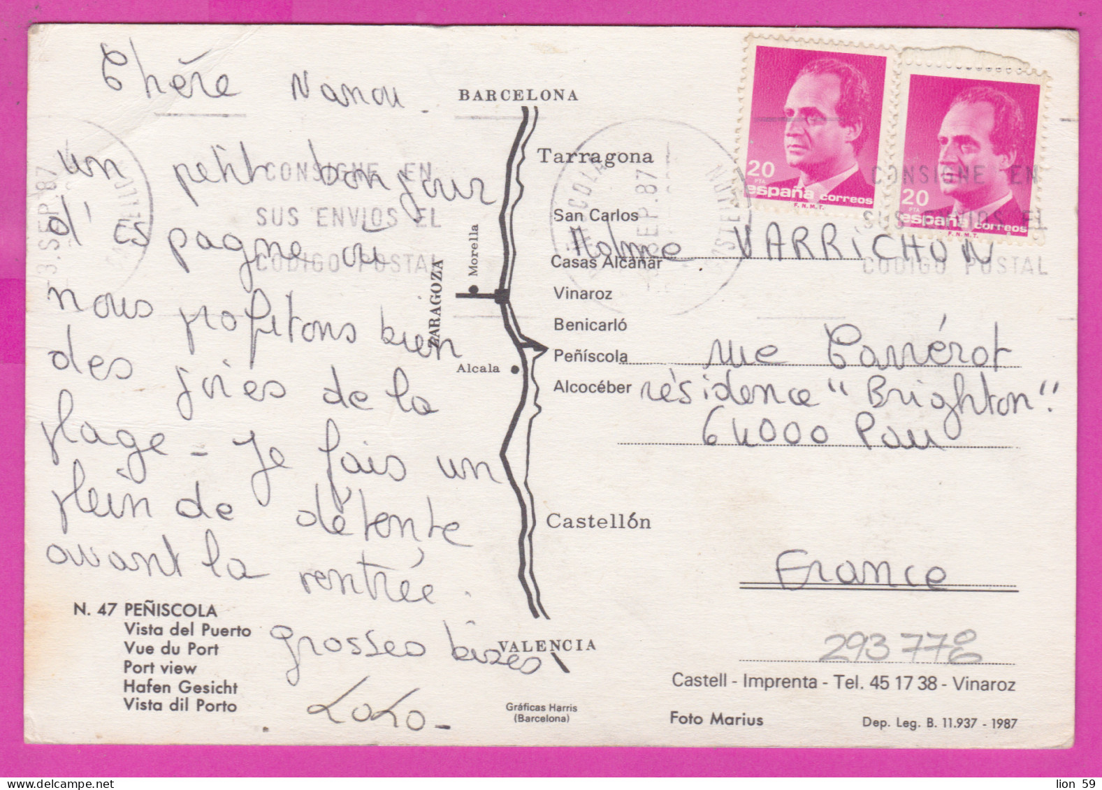 293778 / Spain - Peñíscola Vista Del Puerto PC 1987 USED 20+20Pta King Juan Carlos I Flamme "CONSIGNE EN.. CÓDIGO POSTAL - Cartas & Documentos