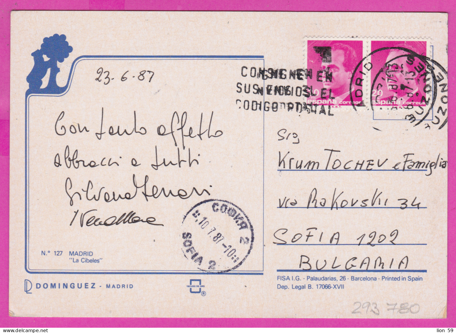 293780 / Spain - Madrid "La Cibeles" PC 1987 USED 20+20Pta King Juan Carlos I Flamme "CONSIGNE EN.. CÓDIGO POSTAL - Lettres & Documents