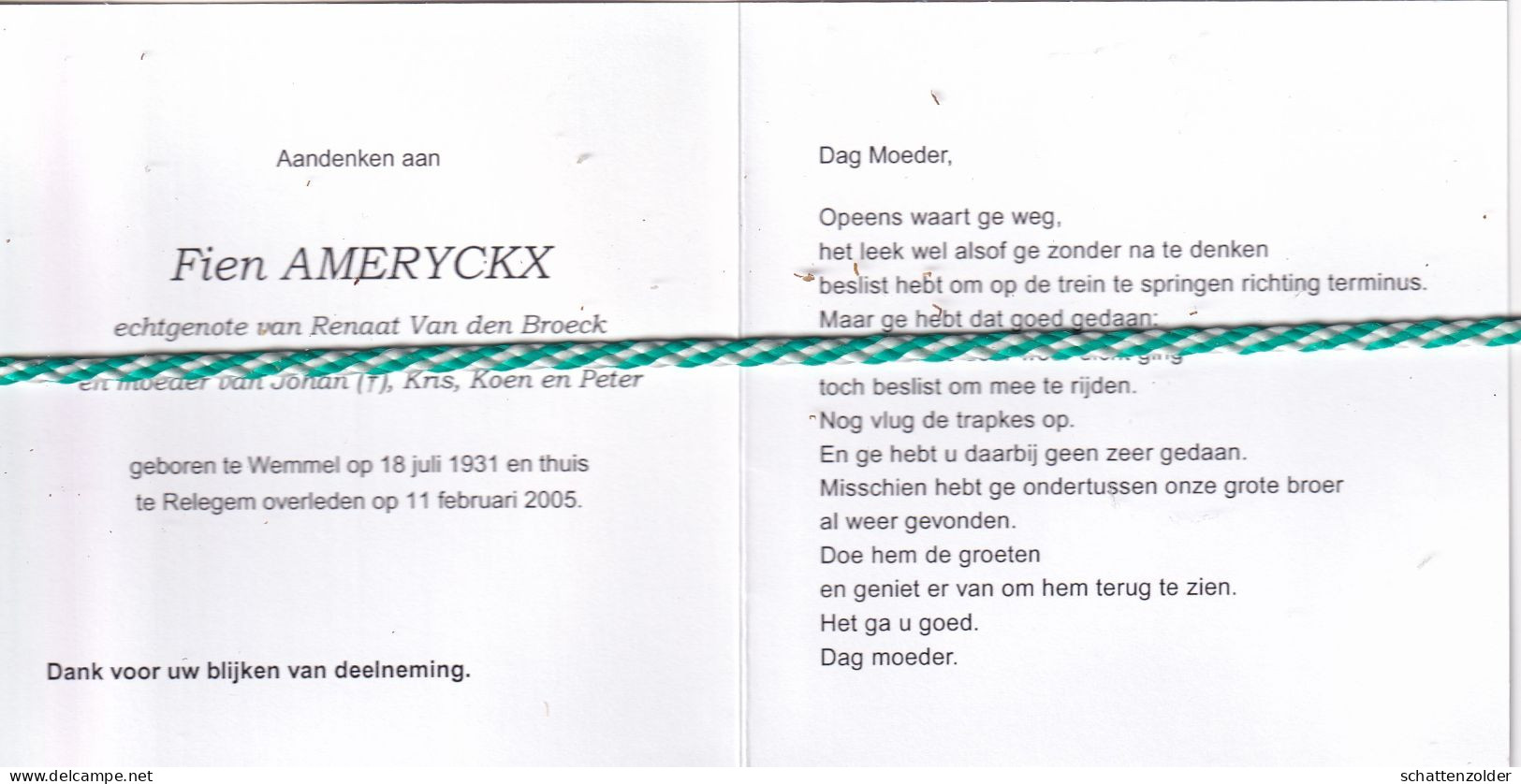 Fien Ameryckx-Van Den Broeck, Wemmel 1931, Relegem 2005. Foto - Overlijden