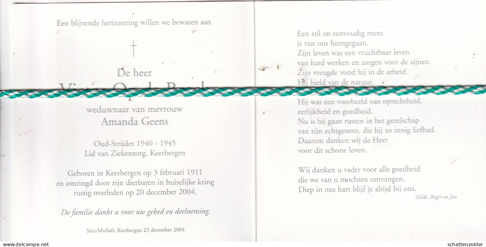 Victor Op De Beeck-Geens, Keerbergen 1911, 2004. Oud-strijder 40-45. Foto - Todesanzeige