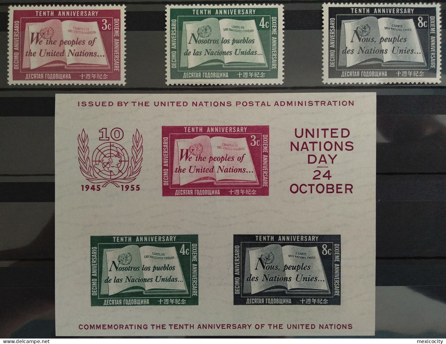 UN NEW YORK 1955 10th. ANNIV. 3 Stamp & S/S Set, Mint Lightly Hinged LH (mounted), Nice Set, Bargain Priced - Ongebruikt