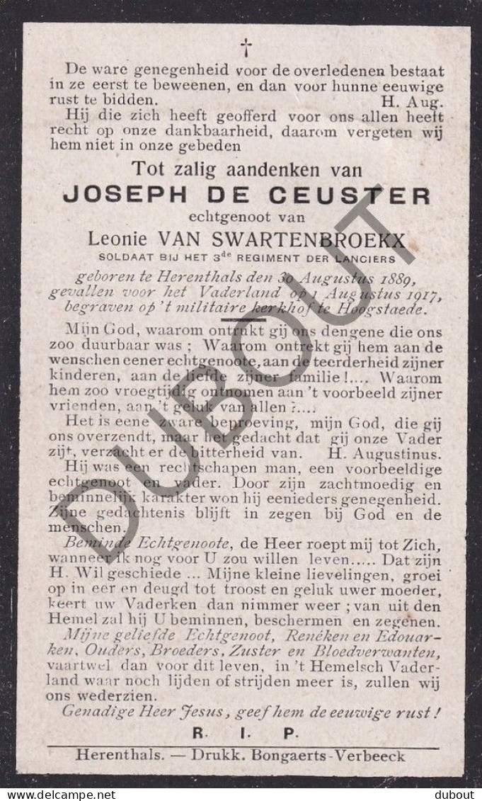 WOI - Soldaat J. De Ceuster, 3de Regiment Lanciers °Herentals 1889 †1917 Hoogstade/Alveringem  (F549) - Todesanzeige