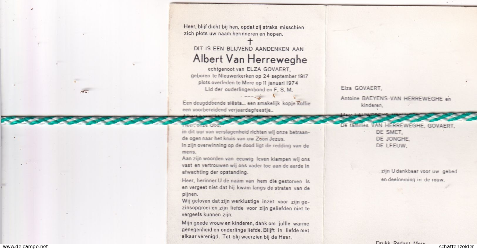 Albert Van Herreweghe-Govaert, Nieuwerkerken 1917, Mere 1974 - Décès