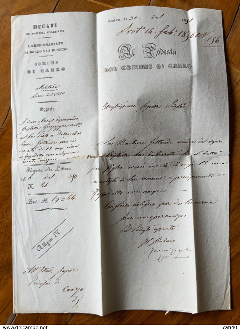 FIORENZUOLA 1 FEBBRAIO 1850 D.c. Rosso Su Lettera Completa Del COMUNE DI CADEO - PER CAORSO - Marcophilie