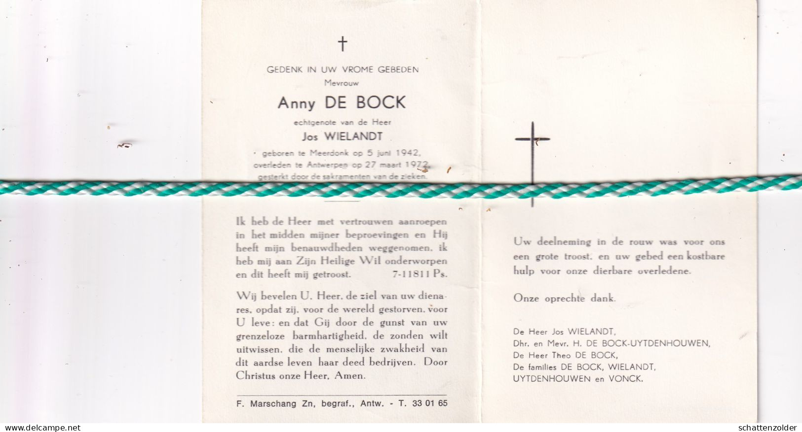 Anny De Bock-Wielandt, Meerdonk 1942, Antwerpen 1972 - Todesanzeige