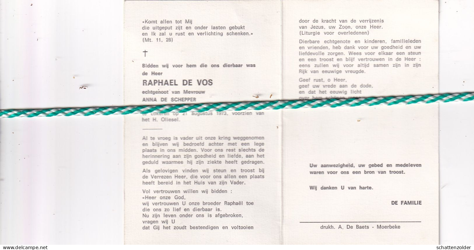 Raphael De Vos-De Schepper, Zaffelare 1914, Lokeren 1973 - Obituary Notices