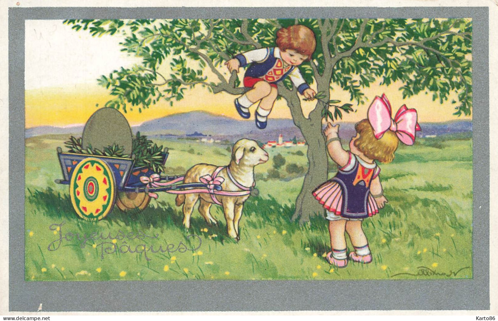 Joyeuses Pâques * CPA Illustrateur V. CASTELLI Castelli * Attelage Mouton Oeuf Egg Enfants * N°3569 - Castelli