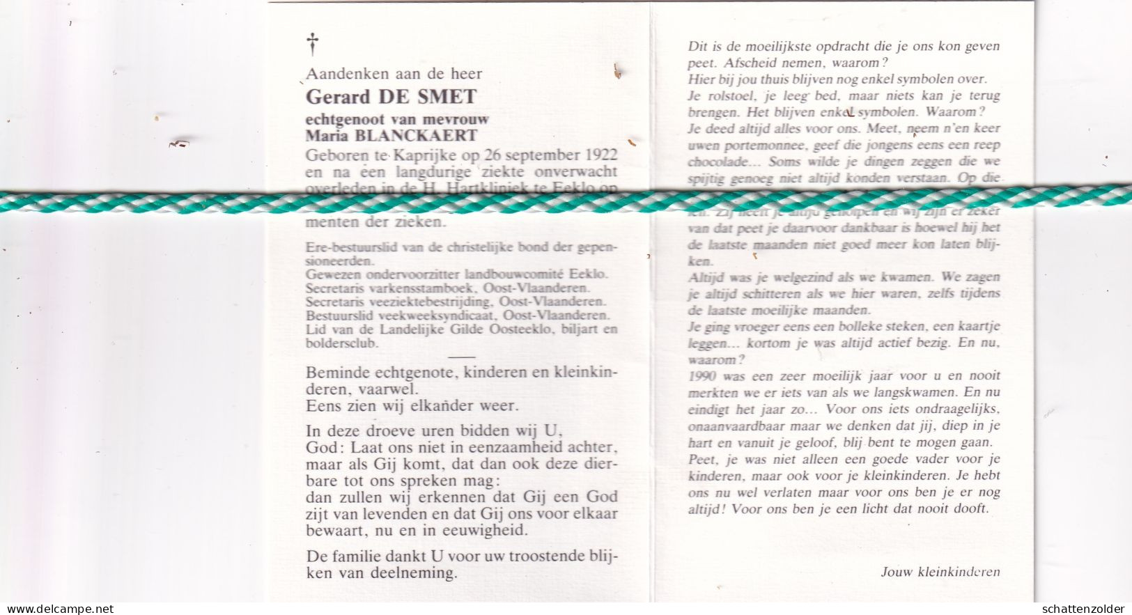 Gerard De Smet-Blanckaert, Kaprijke 1922, Eeklo 1990. Foto - Todesanzeige