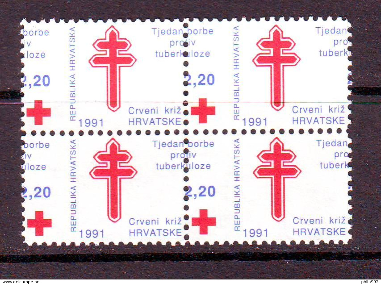 Croatia Charity Stamp 1991 Mi.No. 12  RED CROSS TBC Square Offset Gearing MNH - Kroatien