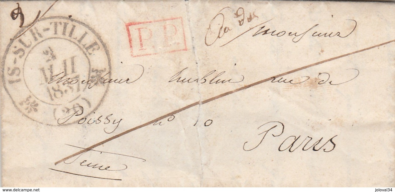 Lettre IS SUR TILLE Cote D' Or 2/5/1837 Cachet PP Port Payé Pour Paris Cachet H 5 -  Voir Verso Et Description - 1801-1848: Précurseurs XIX