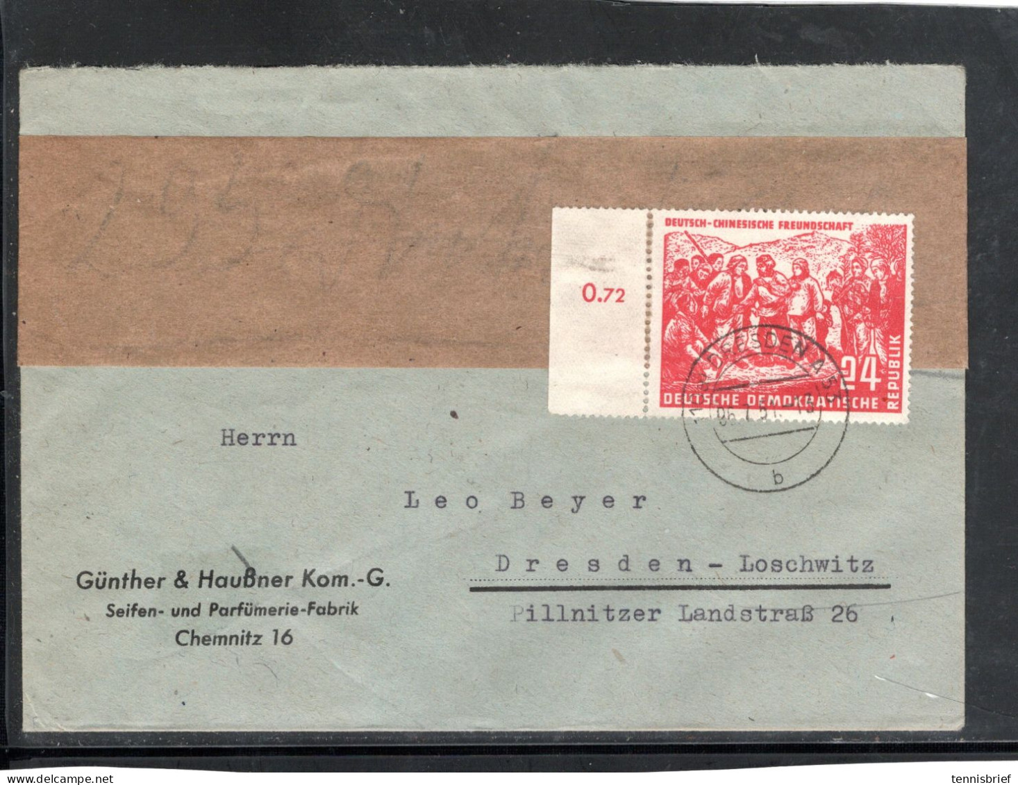 1951 , 24 Pfg. Dt. Chines. Freunsschaft, Klar " Dresden-6.7.51 "  Portoger. Fern -Brief ,EF , Mi.100,-  #199a - Cartas & Documentos