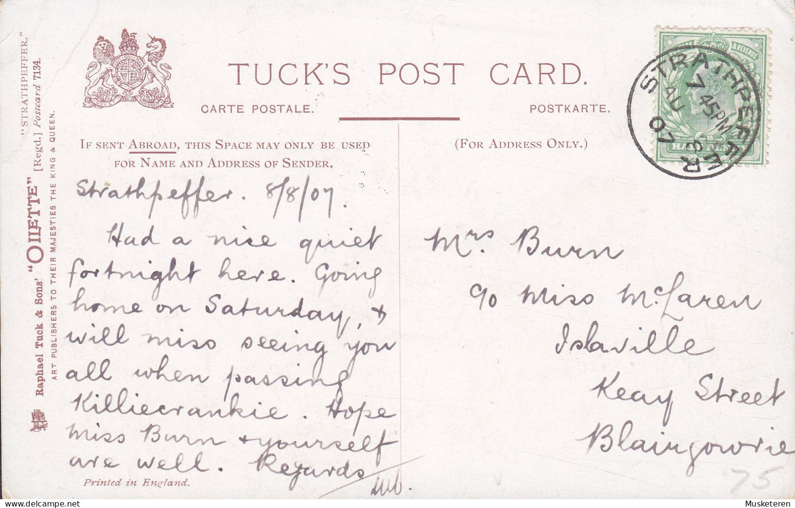 United Kingdom PPC Loch Kinellan 'Oilette' Strathpeffer Scotland STRATHPEFFER 1907 BLAIRGORIE Edw. VII. Stamp (2 Scans) - Brieven En Documenten