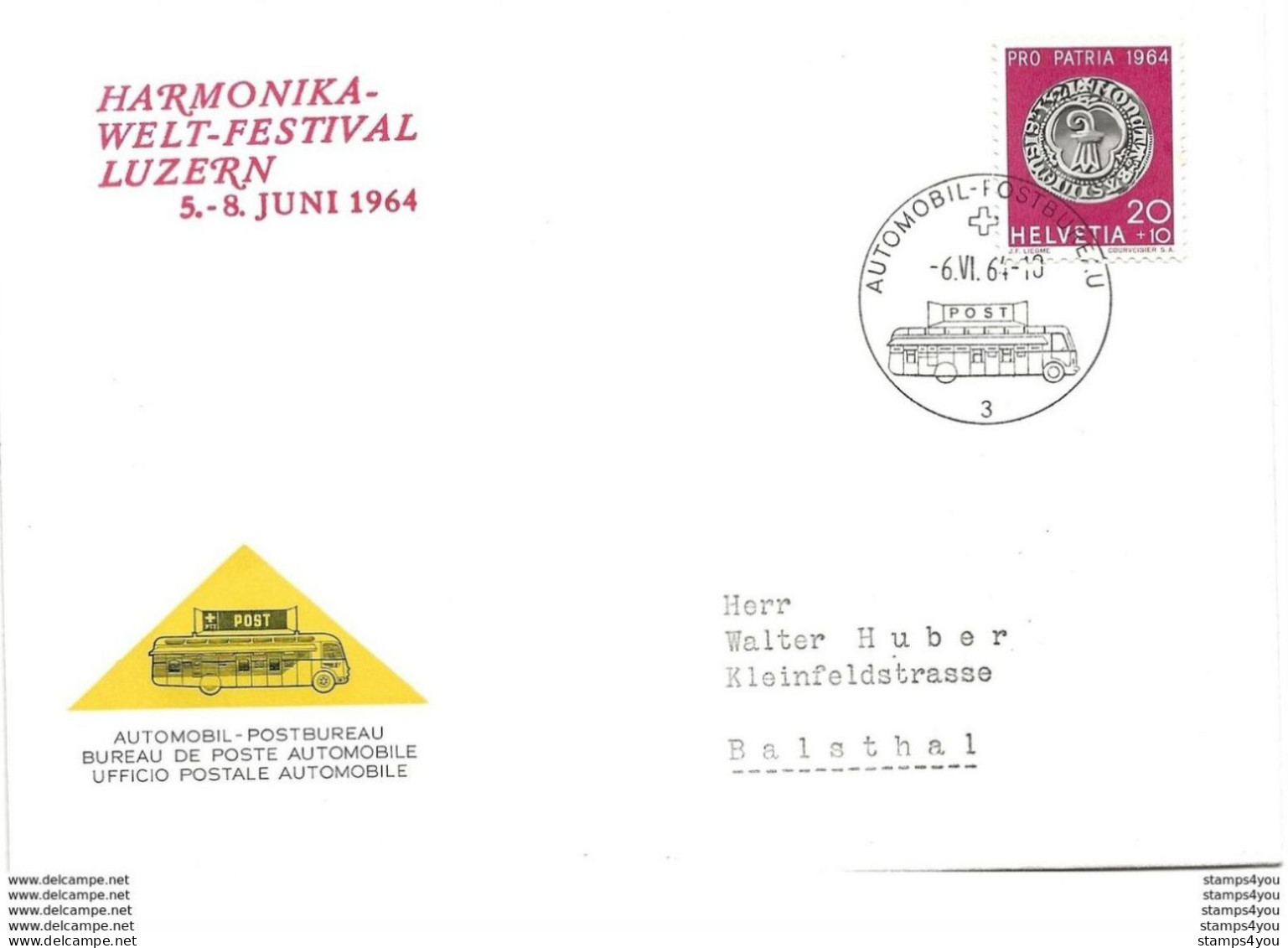 206 - 78 - Enveloppe Avec Oblit Spéciale "Harmonika Welt-Festival Luzern 1964" - Postmark Collection