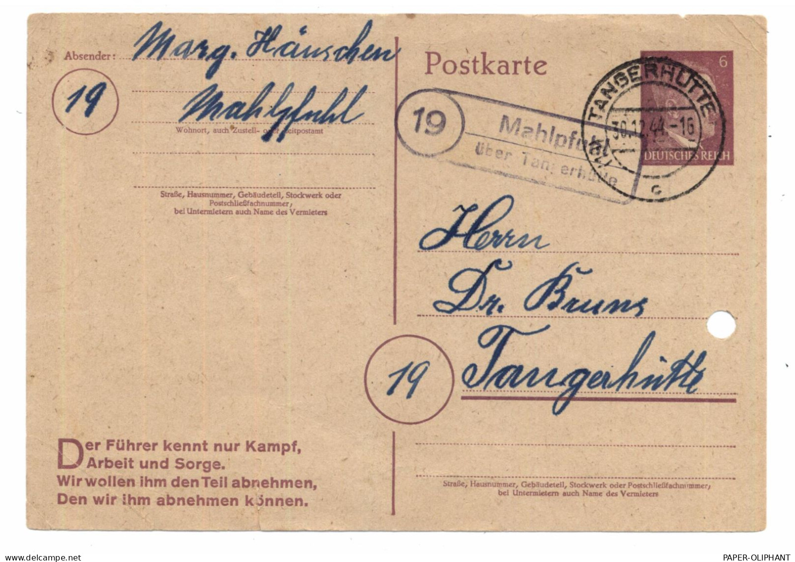 0-3510 TANGERHÜTTE, Postgeschichte, Postleitzahl 19 / Landpoststempel Mahlpfuhl über Tangerhütte, Gelocht, Kl. Einriss - Tangerhütte