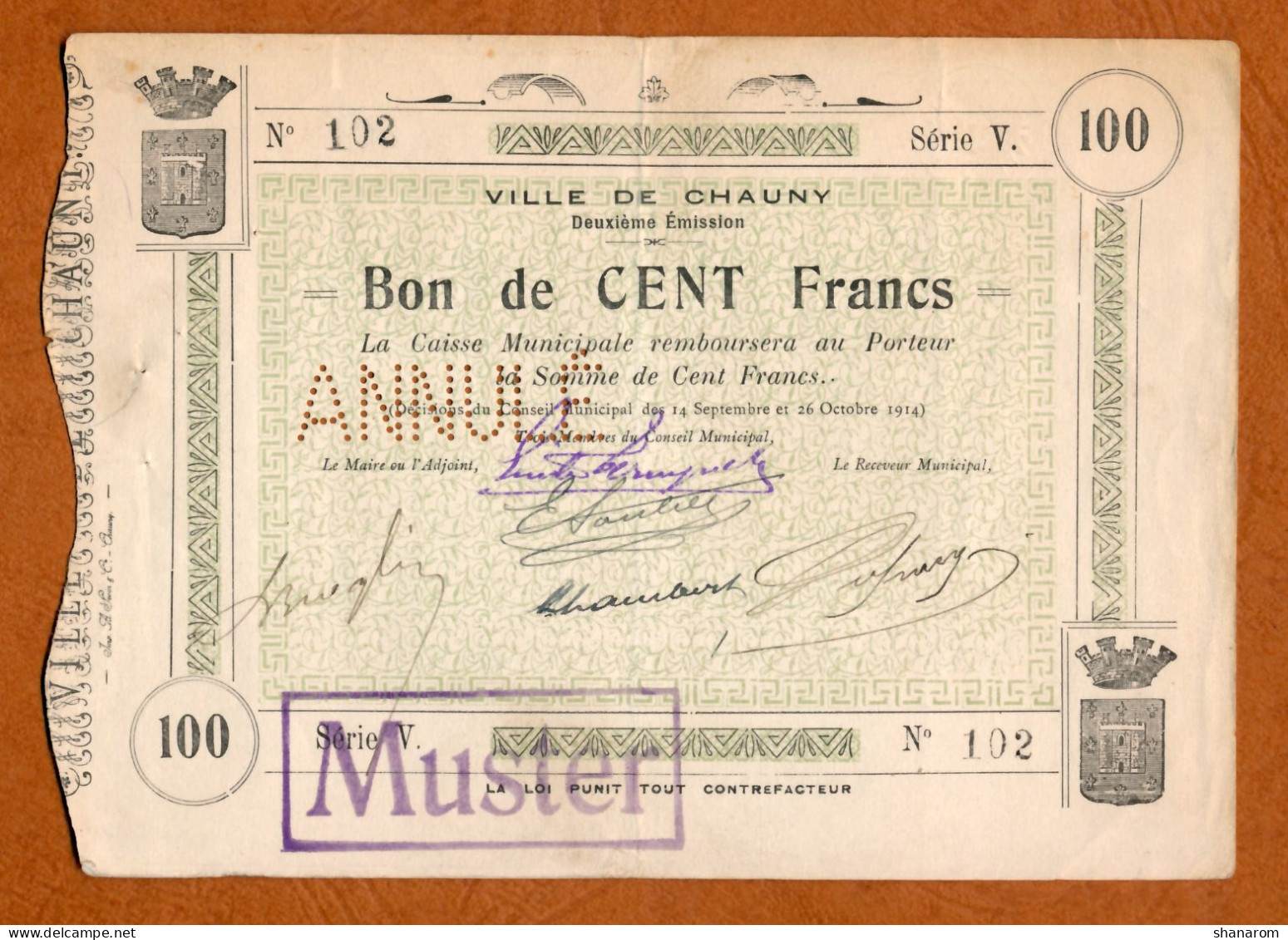 1914-18 // Ville De CHAUNY (02) // Septembre & Octobre 1914 // Caisse Municipale // Bon De 100 Francs // Annulé-Muster - Buoni & Necessità