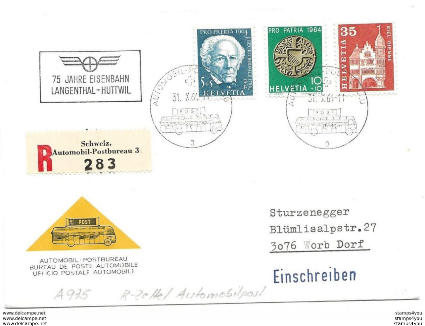 270 - 33 - Enveloppe Recommandée Avec Oblit Spéciale "75 Jahre Eisenbahn Langenthal-Huttwil" 1964 - Poststempel