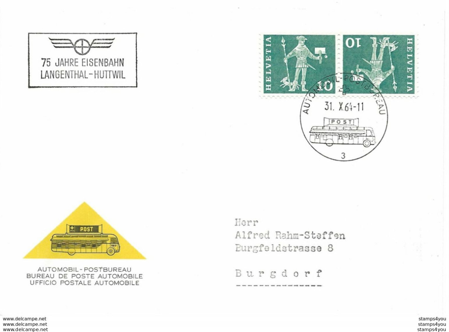 256 - 15 -  Enveloppe Avec Oblit Spéciale "75 Jahre Eisenbahn Langenthal-Huttwil 1964" - Poststempel