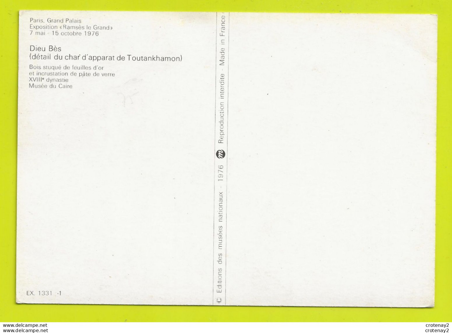 75 PARIS Grand Palais Expo Ramsès Le Grand 1976 Dieu Bès Détail Char Toutankhamon Musée Du Caire N°1331 VOIR DOS - Cairo