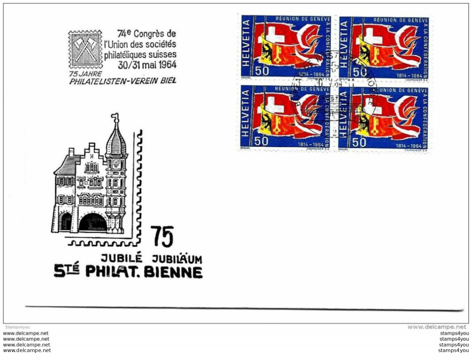 166 - 15 -  Enveloppe Avec Oblit Spéciale "74 Congrès Unions Sociétés Philatélique Suisse 1964 Biel" - Postmark Collection