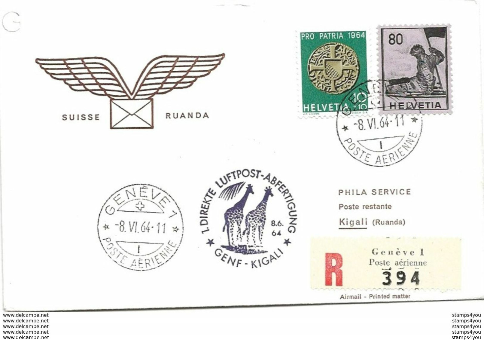 211 - 65 - Enveloppe 1ère Liaison Postale Aérienne Genève-Kigali 1964 - Flugzeuge
