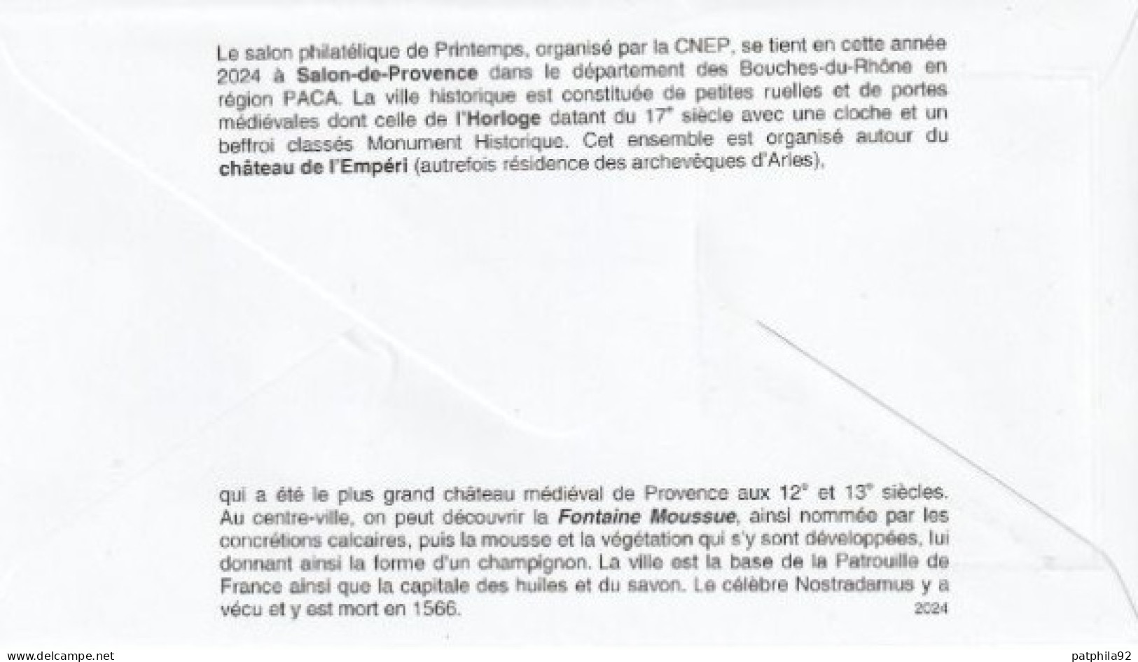 Fdc 2024_Envel. 1er Jour_fdc_soie_Salon-de-Provence, Salon Philatélique Printemps. PJ 13 Salon-de-Provence 04/04/24. - 2020-…