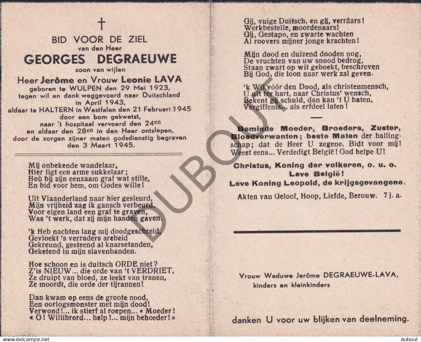 WOII - Georges Degraeuwe °Wulpen 1923 †Haltern, Duitsland 1945 Gekwetst Door Een Bom (F587) - Obituary Notices